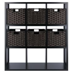 the shelf has four baskets on it and two shelves are black with brown wicker bins