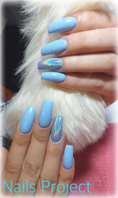 Light Blue Holographic Nails, Light Blue Nails With Chrome, Light Blue Nails With Glitter, Blue Nails With Chrome, Blue Holographic Nails, Light Blue Chrome Nails, Blue Chrome Nails, Sky Blue Nails, Blue Coffin Nails