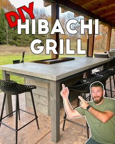 a man sitting in front of an outdoor grill with the words diy phiach grill above him