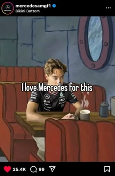 a man sitting at a table in front of a painting with the words i love mercedess for this