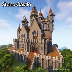 an image of a castle in the middle of some trees and bushes with text overlay that reads stone castle