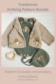 a knitted jacket, hat and booties with the words toadstools knitting pattern bundle