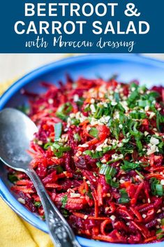 beetroot and carrot salad with broccoli dressing in a blue bowl on a yellow towel