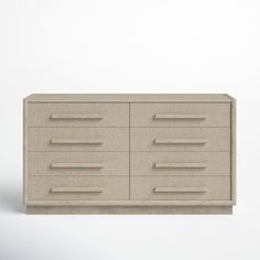 a beige dresser with five drawers on one side and two doors on the other end