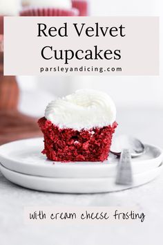 red velvet cupcakes with cream cheese frosting on a white plate and text overlay