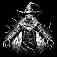 a black and white drawing of a scarecrow in a hat with his hands on his hips