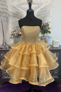 Princess Gold Strapless A-Line Ruffle Dress Tulle Wedding Dress Mermaid, Velvet Homecoming Dress, Short Princess Dress, Floral Homecoming Dresses, Ruffles Skirt, Feather Prom Dress, Sweetheart Homecoming Dress, Damas Dresses, Ruffle Prom Dress