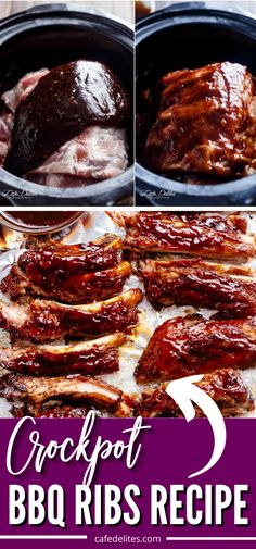 crockpot bbq ribs recipe in the slow cooker with text overlay