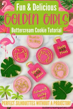 some cookies that are decorated with pink and green icing