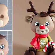 two pictures of a toy reindeer with big eyes and a scarf on it's head