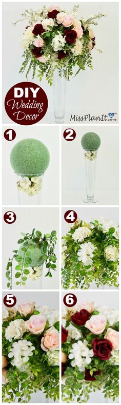 the steps to making a flower arrangement in a vase with flowers and greenery on it