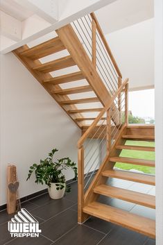 a wooden stair case next to a potted plant