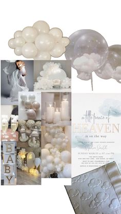 a collage of photos with balloons, candles and baby's breath written on them