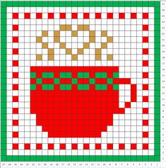 a cross stitch pattern with a red coffee cup on the front and green squares in the back