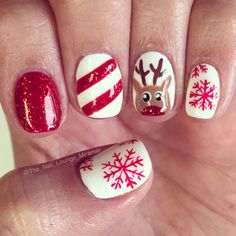 Snowflakes Rudolph nail art design Christmas Nails Rudolph, Rudolph Nails, Christmas Nail Designs Easy, Santa Nails, Emerald Nails, Xmas Nail Art, Orange Nail Designs, December Nails, Red Christmas Nails