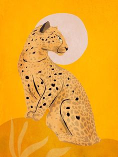 a painting of a cheetah sitting in front of a full moon on a yellow background