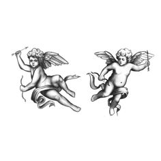 two cherubs flying in the air with their wings spread out and one is holding a