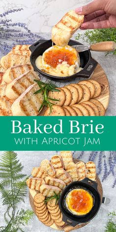 baked brie with apricot jam and crackers on a wooden platter