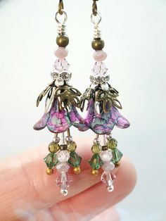 Cherry Blossom Sakura Pink Green Lucite Flower Earrings ~ Crystal Flowers ~ Handmade Dangle Drop Flower Earrings, Boho Hippie Bohemian Vintage Style Earrings, Unique Gift For Her. ` Petite Crystal Flowers ~ ♡ A beautiful pair of vintage inspired delicately painted Lucite and crystal Flower earrings. I have used Swarovski crystal beads in Pale Vintage Rose and Grass Green paired with Little faceted Czech glass beads in Lilac, Rose Quartz and Green Quartz gemstone beads. The little Lucite bell flo