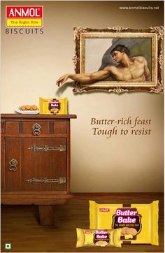 an advertisement for butter - rich toffets with a painting on the wall