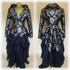 Awesome extravagant women's fitted tuxedo tailcoat. Black color with blue and gold brocade flowers.    Very feminine and elegant, look great with a matching skirt even and skinny jeans.  The jacket is fully lined inside.  The fabric is elegant brocade jacquard. SIZE CHART SIZE S - US 6, UK 8, EU 36 bust: bust around 34.5"/90cm Waist: waist around 27.5"/70cm Hips: hips around 34.5"/90cm SIZE M - US 8, UK 10, EU 38 bust: bust around 37.5"/95cm Waist: waist around 29.5"/75cm Hips: hips around 37.5"/95cm SIZE L - US 10, UK 12, EU 40 bust: bust around 39.5"/100cm Waist: waist around 31.5"/80cm Hips: hips around 39.5"/100cm SIZE XL - US 12, UK 14 , EU42 bust: bust around 41.5"/105cm Waist: waist around 33.5"/85cm Hips: hips around 41.5"/105cm SIZE XXL - US 14,UK 16, EU44 bust: bust around 45"/11 Luxury Jacquard Long Sleeve Suits, Luxury Brocade Long Sleeve Suits, Luxury Brocade Unstitched Suit For Wedding, Luxury Brocade Unstitched Wedding Suit, Luxury Brocade Fitted Tuxedo, Luxury Jacquard Suits For Formal Occasions, Luxury Brocade Suits For Semi-formal Occasions, Luxury Brocade Suits, Luxury Brocade Wedding Blazer