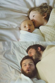 two pictures of a man and a baby laying in bed, one with his head on the other's chest