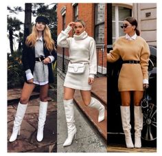 White Long Boots Outfit, Leather Boots Outfit, Outfit Botas, White Leather Boots, Winter Boots Outfits, White Boots, Looks Chic, Lookbook Outfits