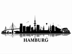 the hamburg skyline in black and white is featured on an art print with water reflection