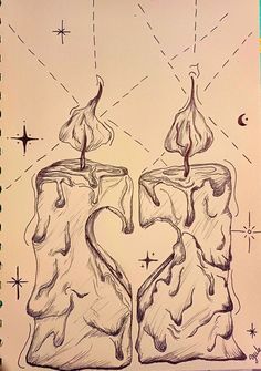 a drawing of two candles in the shape of mountains with stars and lines coming out of them