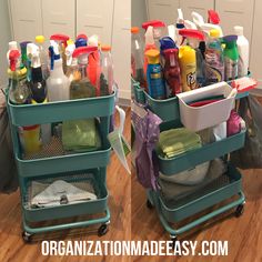 two plastic containers filled with cleaning products on top of a wooden floor