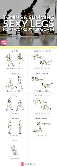 Get lean and strong with this sexy legs workout. 9 toning and slimming leg exercises to work your inner and outer thighs, hips, quads, hamstrings and calves. http://www.spotebi.com/workout-routines/sexy-legs-workout-women-toning-slimming/ Leg Workout Women, Leg Workout At Home, Leg Exercises, Lean Legs, Workout For Women, Get Lean, Diet Vegetarian, Legs Workout, Body Fitness