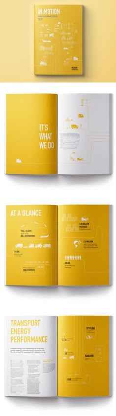 three different types of yellow brochures with white text on them and the same color scheme