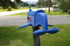 a blue mailbox sitting on top of a wooden post next to a tree and grass field