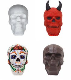 four skulls with horns are shown in three different colors and sizes, one is white, the other has red