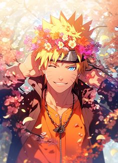 an anime character with flowers on his head and orange shirt, standing in front of trees