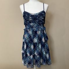 Mm Couture By Miss Me Blue Plaid Dress Nwt Ruffles On Chest Zipper Closure Up Side %100 Polyester Blue Tiered Floral Print Dress, Chic Blue Tiered Sundress, Summer Plaid Lined Dress, Lined Plaid Dress For Summer, Lined Plaid Summer Dress, Blue Lined Dress For Dress Down Occasions, Casual Blue Lined Dress, Blue Lined Midi Length Mini Dress, Blue Lined Midi Dress