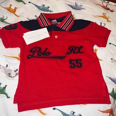 New With Tags 12 Months Cute Ralph Lauren Summer Tops, Cute Summer Tops By Ralph Lauren, Red Cotton Top For Playtime, Red Cotton Tops For Playtime, Playful Red Short Sleeve Shirt, Baby Color, Polo Pullover, Boys Stripes, Polo Long Sleeve