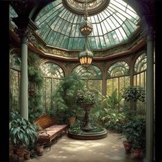 the inside of a glass house with plants and flowers in it's center area