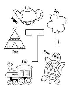 the letter t is for turtle, train and teepee tree coloring page with pictures