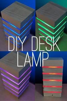 four different types of light up books with the words diy desk lamp on them