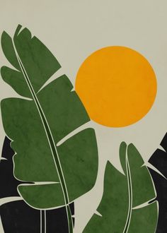 a painting with green leaves and an orange circle