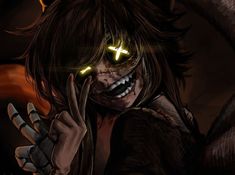 an evil looking person with glowing eyes and hands in front of his face, making the peace sign