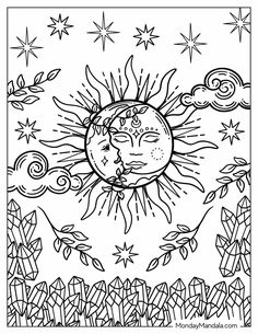 a coloring page with the sun and stars