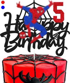 a spiderman birthday cake with the number five on it