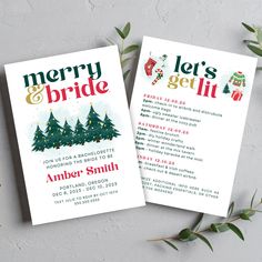 two christmas cards on top of each other next to green leaves and greenery, with the words merry and let's get it