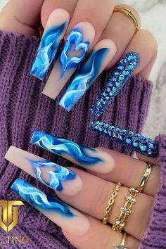 Occasion Nails, Blue Acrylic Nails, Pedicure Manicure, Fancy Nails Designs, Long Nail Designs, Colored Acrylic Nails, Dope Nail Designs, Design Nails, Designs Nail