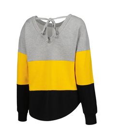 Upgrade your rotation of Pittsburgh Steelers apparel with this Outfield pullover sweatshirt by Touch. Charming Pittsburgh Steelers graphics sit at the top, and below it are two eye-catching layers of team colors to help you stand out. A deep V-back adds flair to your game day ensemble. Black Long Sleeve Sweatshirt For Game Day, Black Sporty Color Block Sweater, Sporty Black Color Block Sweater, Fall Color Block Black Sweatshirt, Fall Black Color Block Sweatshirt, Black Color Block Sweatshirt For Fall, Steelers Outfit, Steelers Sweatshirt, Fabric Applique