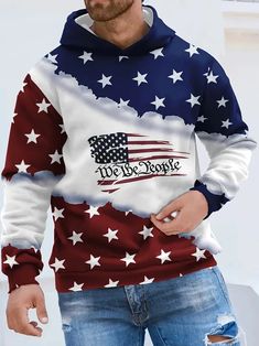 Men's Novelty American Flag Hooded Sweatshirt Polyester Knit - Temu Hooded Sweatshirt, Hooded Sweatshirts, Knitted Fabric, Flag, Sweatshirts, Knitting