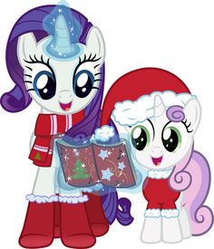 two ponies standing next to each other in front of a christmas tree and presents