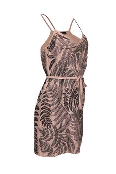 This tan mini dress from French Connection will have you ready for any occasion, whether it's a cocktail party, a date night, or a fun festival or concert. The beaded leaves add a touch of elegance while the ribbon waist tie gives it a playful twist. Perfect for a RSVP-ready look or a girls' night out. This dress is definitely an it-girls must-have! Size 4 Shell 100% Viscose/Rayon Lining 100% Polyester Fully lined V-neckline Sleeveless Removable ribbon waist tie Mini length Bust 32" Waist 32" Sh Sleeveless Sequin Dress With Beaded Straps For Night Out, Summer Party Sequin Dress With Beaded Straps, Summer Sequin Dress With Beaded Straps For Night Out, Sequin Dress With Beaded Straps For Summer Night Out, Glamorous Summer Sequin Dress With Beaded Straps, Glamorous Sequin Dress With Beaded Straps For Summer, Summer Mini Dress With Beaded Straps For Party, Summer Night Out Mini Dress With Beaded Straps, Embellished Mini Dress For Summer Date Night